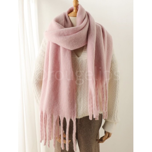 Baby Pink Wide Shawl Scarf With Tassels Fuzzy Knit - Picture 8 of 16